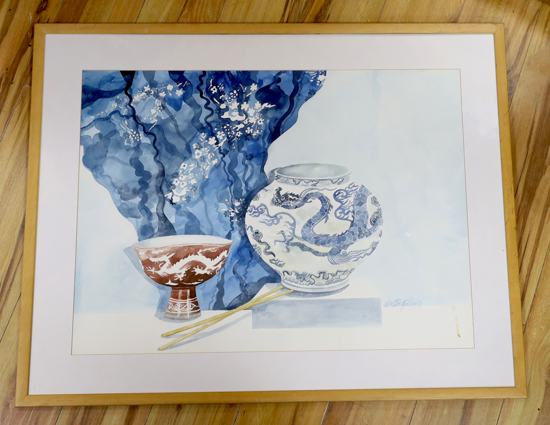 Christine Goldsmith, watercolour, Still life of a Chinese vase, stem bowl and chop sticks, signed, 57 x 77cm